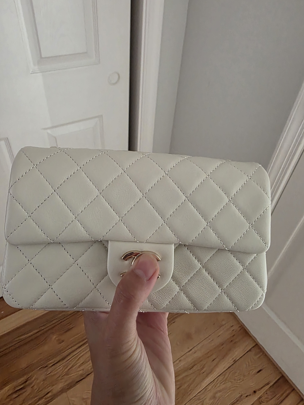 Quilted White Crossbody Mini Rectangular Bag with Lightgold Hardware